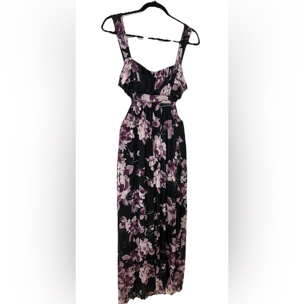 NWOT connected apparel Black Maxi Dress with Purple Floral Print
